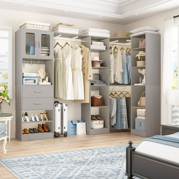 Homieasy Closet System, 100" x 39.2" Heavy Duty L-Shaped Closet Organizer System with Drawers & Cabinet, Corner Closet Organizer Unit, Gray