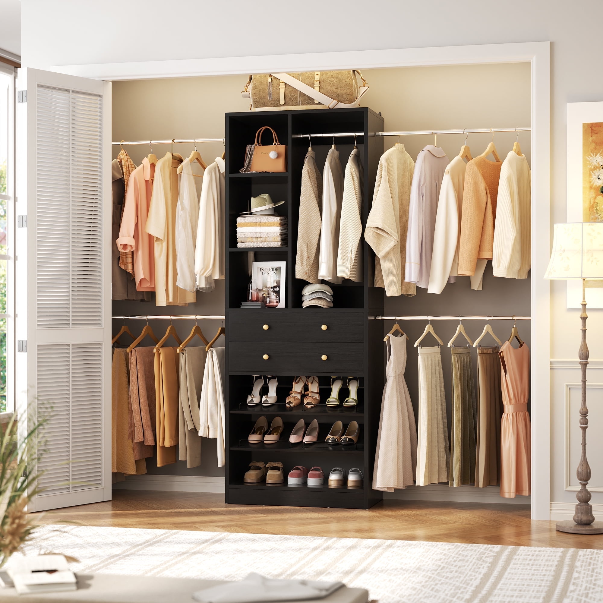 Homieasy Closet System, 2.4–8.8 FT Closet Organizer System with 2 Drawers, 5 Hanging Rods and Shoe Racks for Walk-in Closet, Bedroom, Black