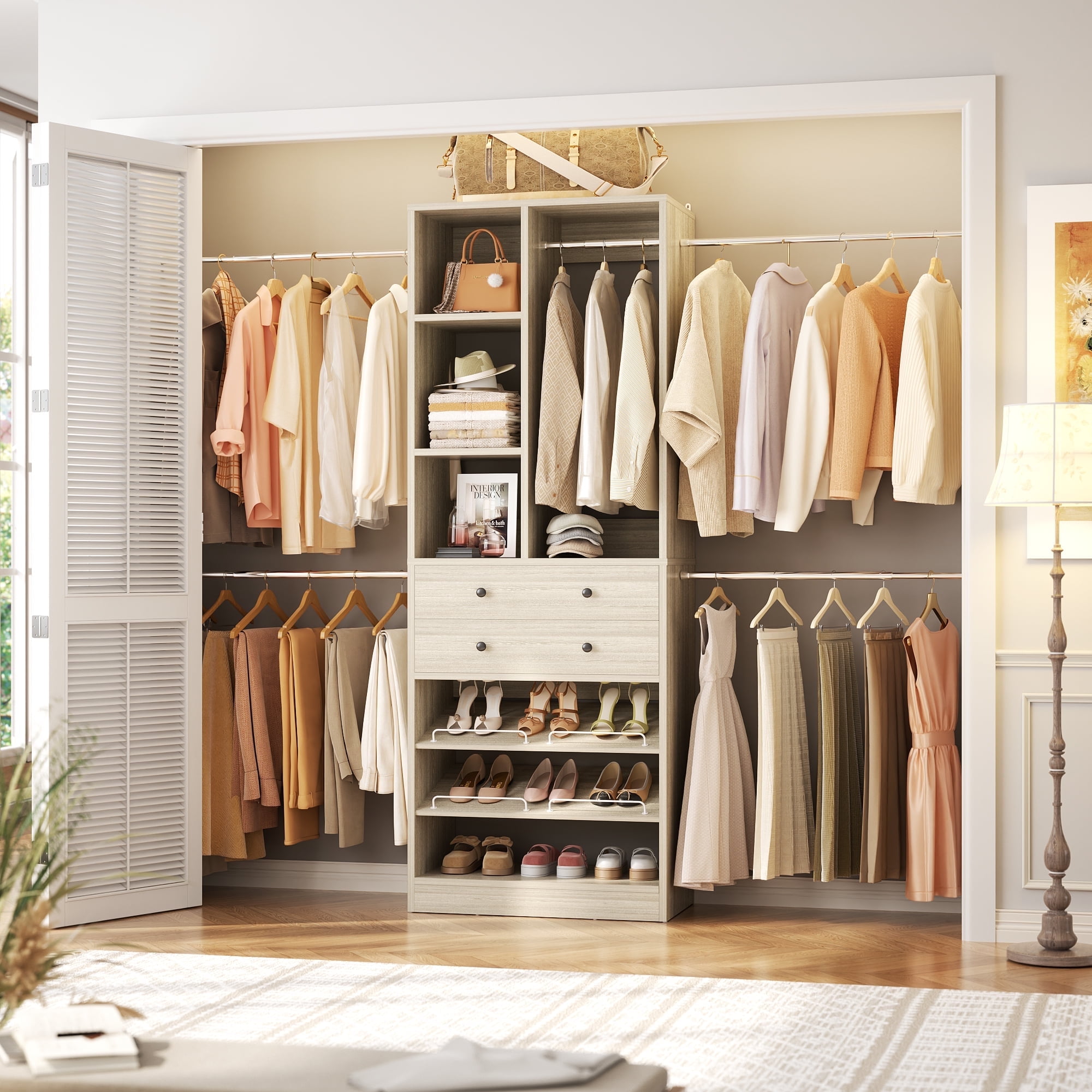Homieasy Closet System, 2.4–8.8 FT Closet Organizer System with 2 Drawers, 5 Hanging Rods and Shoe Racks for Walk-in Closet, Bedroom, White Oak
