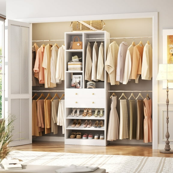 Homieasy Closet System, 2.4–8.8 FT Closet Organizer System with 2 Drawers, 5 Hanging Rods and Shoe Racks for Walk-in Closet, Bedroom, White