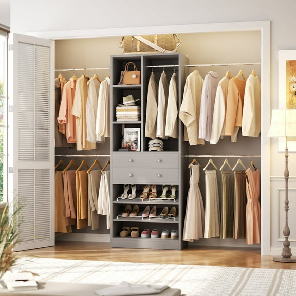 Homieasy Closet System, 2.4–8.8 FT Closet Organizer System with 2 Drawers, 5 Hanging Rods and Shoe Racks for Walk-in Closet, Bedroom, Gray