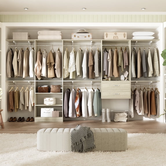 Homieasy Closet System with 2 Sets, 154'' Heavy Duty Closet Organizer System with 2 Drawers, 8 Hanging Rods & 6 Reversible Shelf Towers, Clothes Storage & Organizers for Bedroom, Closet, White Oak
