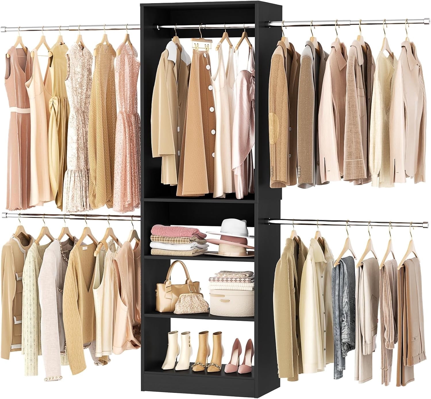 Homieasy Closet Organizers and Storage, 20.5-120'' W Closet System with 5 Hanging Rods, Shelving Tower, Wooden Walk-in Wardrobe Storage, Black