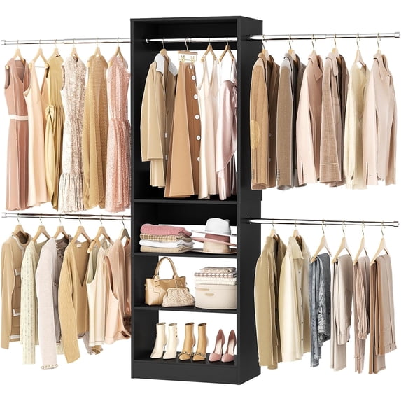 Homieasy Closet Organizers and Storage, 20.5-120'' W Closet System with 5 Hanging Rods, Shelving Tower, Wooden Walk-in Wardrobe Storage, Black