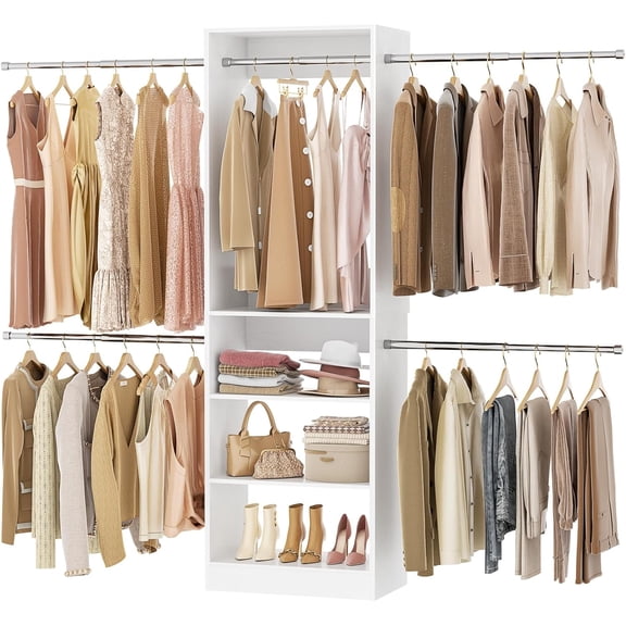 Homieasy Closet System, 20.5-120'' W Closet Organizer System with 5 Hanging Rods, Shelving Tower, Wooden Walk-in Wardrobe Storage & Shelving System, White