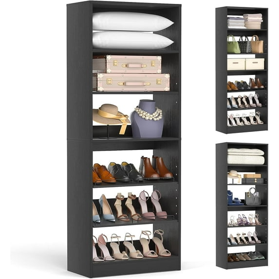 Homieasy Closet System, 25 Inch Freestanding Closet Shoe Organizer, Standalone Wood Shoe Shelves, Heavy Duty Walk in Closet Tower for Bedroom, Mudroom and Entryway, Black