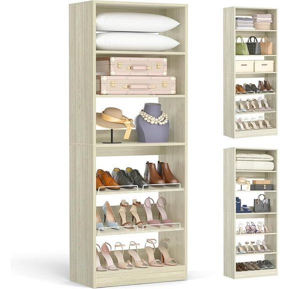 Homieasy Closet System, 25 Inch Freestanding Closet Shoe Organizer, Standalone Wood Shoe Shelves, Heavy Duty Walk in Closet Tower for Bedroom, Mudroom and Entryway, White oak