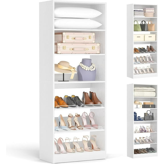 Homieasy Closet System, 25 Inch Freestanding Closet Shoe Organizer, Standalone Wood Shoe Shelves, Heavy Duty Walk in Closet Tower for Bedroom, Mudroom and Entryway, White