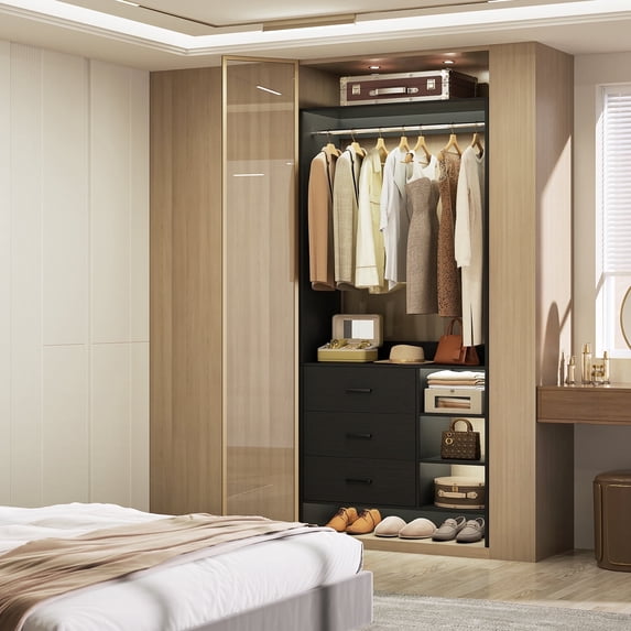 Homieasy 2.5FT Closet System with 3 Drawers, 29.5’’ Closet Organizer, Wood Closet Organizer System, Walk-in Closet or Small Closets Wardrobe, Clothes Rack with Hanging Rods, Black