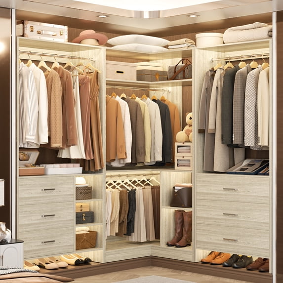 Homieasy 86.8" W Closet System with 6 Drawers and 4 Hanging Rods, White Oak