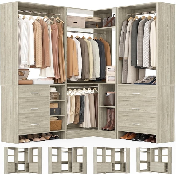 Homieasy Closet System with 6 Drawers, 4 Hanging Rods & Corner Tower, Corner Closet System with Hanging, 86.8" L-Shaped Walk-In Wardrobe Organizer, 2000+ lbs Capacity, Set of 3, White Oak