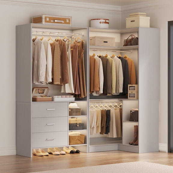 Homieasy Closet System with 3 Drawers, 2 Hanging Rods & Corner Tower, Corner Closet System with Hanging, L-Shaped Walk-In Wardrobe Organizer, 1300  lbs Capacity, Set of 2, Gray
