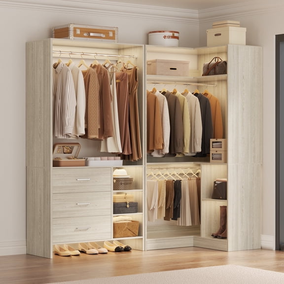 Homieasy Closet System with 3 Drawers, 2 Hanging Rods & Corner Tower, Corner Closet System with Hanging, L-Shaped Walk-In Wardrobe Organizer, 1300  lbs Capacity, Set of 2, White Oak