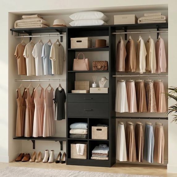 Homieasy Closet System - 4.75-8FT Closet Organizer System with Wooden Drawers & Cube Storage Organizer, 96" Closet Systems with Cuttable Hanging Shelvings for Nursery, Black