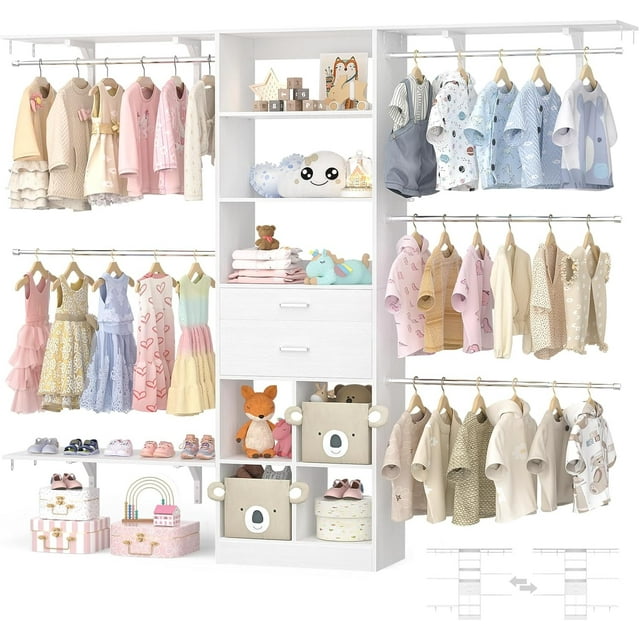 Homieasy Closet System - 4.75-8FT Closet Organizer System with Wooden Drawers & Cube Storage Organizer, 96" Closet Systems with Cuttable Hanging Shelvings for Nursery, White