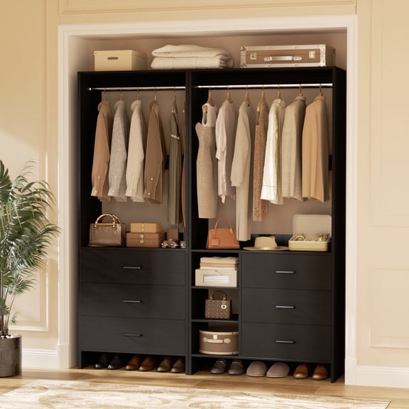 Homieasy Closet System with 6 Drawers, 4.5ft Wood Closet Organizer System, Walk-in Closet or Small Closets Wardrobe, Clothes Rack with Hanging Rods, Black