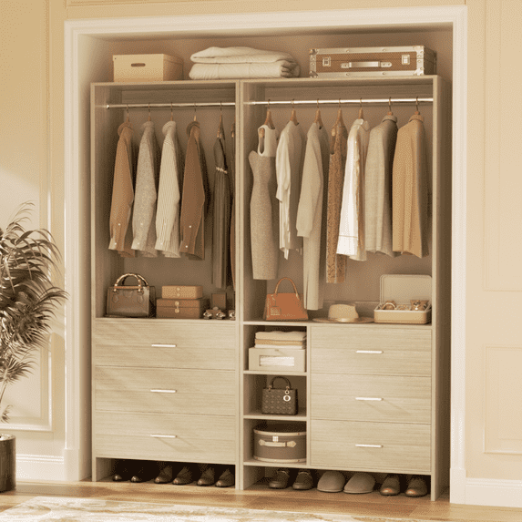 Homieasy 53.2'' Closet System with Wooden Drawers and Hanging Rods (Set of 2), White Oak