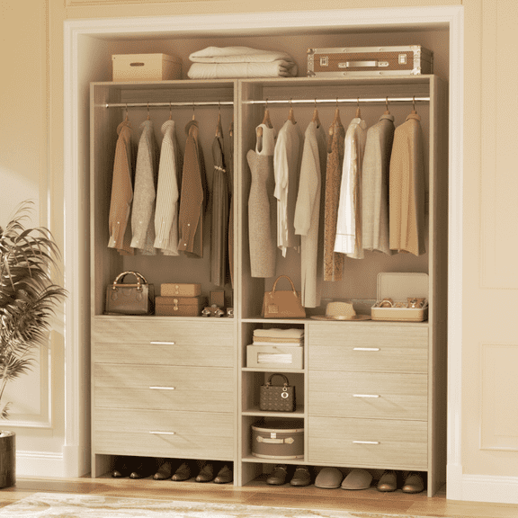Homieasy 53.2'' Closet System with Wooden Drawers and Hanging Rods (Set of 2), White Oak