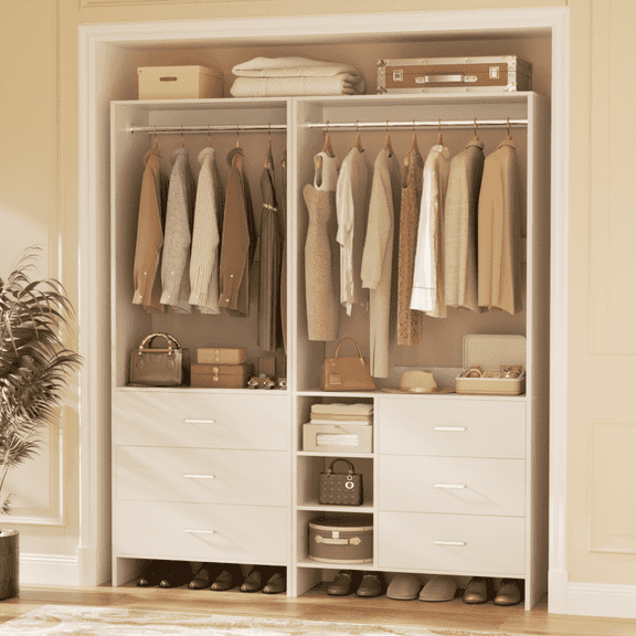 Homieasy 53.2'' Closet System with Wooden Drawers and Hanging Rods (Set of 2), White