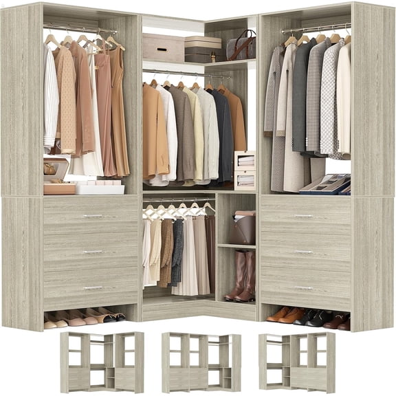 Homieasy Closet System with 6 Drawers, 4 Hanging Rods & Corner Tower, Corner Closet System with Hanging, 80.9" L-Shaped Walk-In Wardrobe Organizer, 2000+ lbs Capacity, Set of 3, White Oak