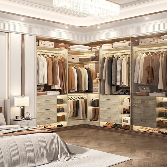 Homieasy Closet System with 6 Drawers, 4 Hanging Rods & Corner Tower, Corner Closet System with Hanging, 92.6" L-Shaped Walk-In Wardrobe Organizer, 2000+ lbs Capacity, Set of 3, White Oak