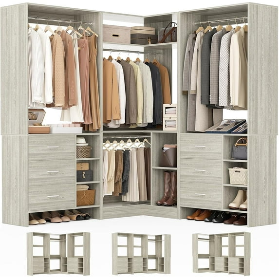 Homieasy Closet System with 6 Drawers, 4 Hanging Rods & Corner Tower, Corner Closet System with Hanging, 92.6" L-Shaped Walk-In Wardrobe Organizer, 2000+ lbs Capacity, Set of 3, White Oak