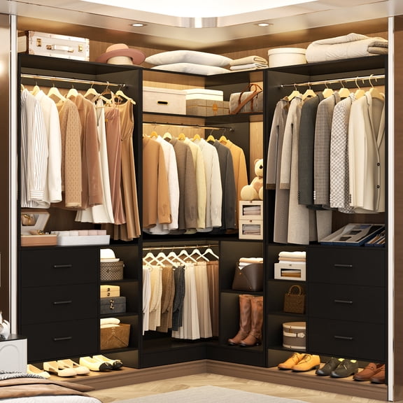 Homieasy 61'' - 92.6'' W Closet System with Wooden Drawers and Hanging Rods, Black