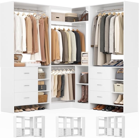 Homieasy Closet System with 6 Drawers, 4 Hanging Rods & Corner Tower, Corner Closet System with Hanging, 92.6" L-Shaped Walk-In Wardrobe Organizer, 2000+ lbs Capacity, Set of 3, White