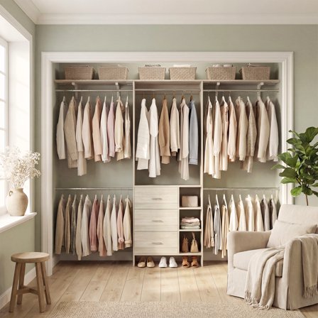 Homieasy 96" Closet System with 3 Drawers & 4 Hanging Rods, Wooden Adjustable Armoire Wardrobe Closet System, 8FT Walk-in Wardrobe, Fits Spaces 5-9 ft, Easy Assembly ,White Oak