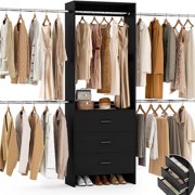 Homieasy Closet System, Closet Organizer with 3 Wooden Drawers, Walk-in Closet Wardrobe Clothes Rack with 4 Hanging Rods