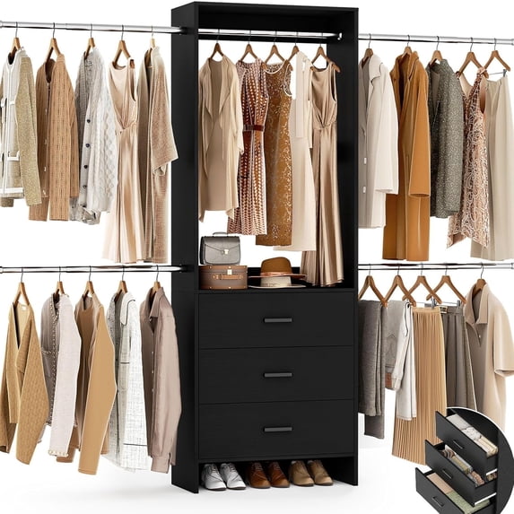 Homieasy Closet System, Closet Organizer with 3 Wooden Drawers, Walk-in Closet Wardrobe Clothes Rack with 4 Hanging Rods, Garment Rack, Black
