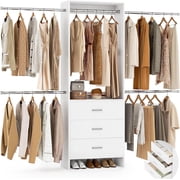 Homieasy Closet System, Closet Organizer with 3 Wooden Drawers, Walk-in Closet Wardrobe Clothes Rack with 4 Hanging Rods, Garment Rack, White
