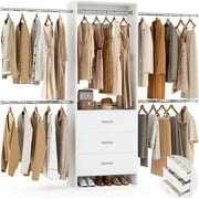 Homieasy Closet System, Closet Organizer with 3 Wooden Drawers, Walk-in Closet Wardrobe Clothes Rack with 4 Hanging Rods, Garment Rack, White