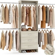 Homieasy Closet System, Closet Organizer with 3 Wooden Drawers, Walk-in Closet Wardrobe Clothes Rack with 4 Hanging Rods