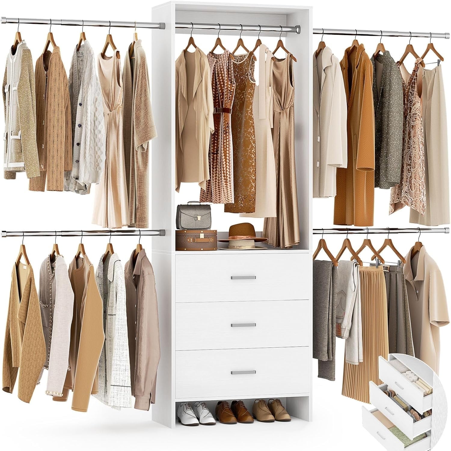 Homieasy Closet Organizer, White Closet System with 3 Wooden Drawers, 4 ...
