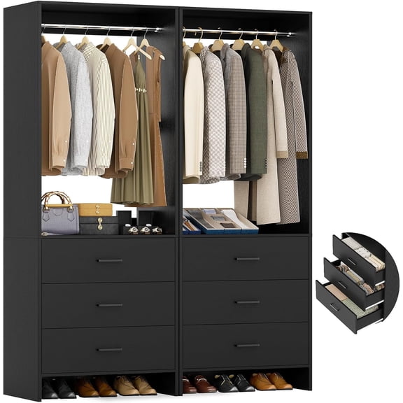 Homieasy 4FT Closet System with Wooden Drawers, Freestanding Closet Organizer System and Storage with Hanging Rods, Black