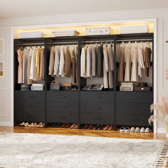 Homieasy 8ft Closet System with Wooden Drawers and Hanging Rods (Set of 4), Black