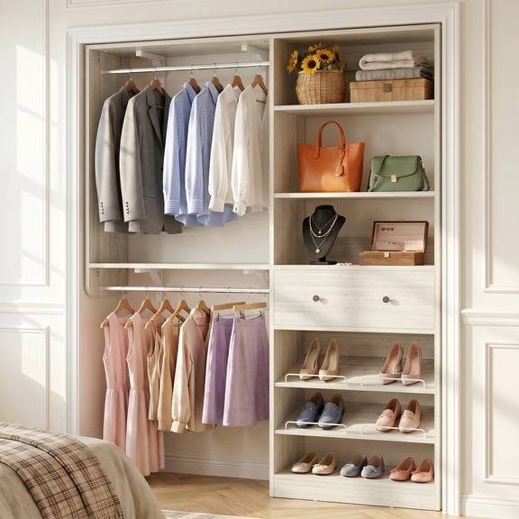 Homieasy Closet System with Drawer - Reversible 5FT Wood Closet Organizer System with 2 Hanging Rods and Adjustable Shelf, Walk In Closet Organizers with Shoe Rack, Built-In Garment Rack, White Oak