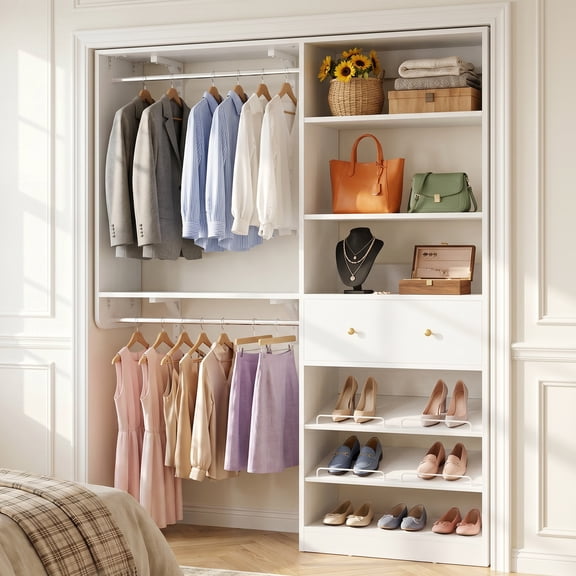 Homieasy Closet System with Drawer - Reversible 5FT Wood Closet Organizer System with 2 Hanging Rods and Adjustable Shelf, Walk In Closet Organizers with Shoe Rack, Built-In Garment Rack, White