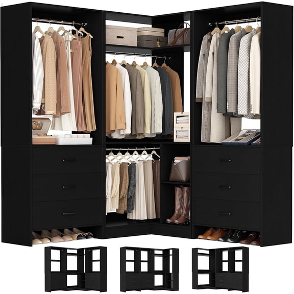 Homieasy Closet System with 6 Drawers, 4 Hanging Rods & Corner Tower, Corner Closet System with Hanging, 80.9" L-Shaped Walk-In Wardrobe Organizer, 2000  lbs Capacity, Set of 3, Black