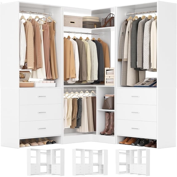 Homieasy Closet System with 6 Drawers, 4 Hanging Rods & Corner Tower, Corner Closet System with Hanging, 80.9" L-Shaped Walk-In Wardrobe Organizer, 2000+ lbs Capacity, Set of 3, White