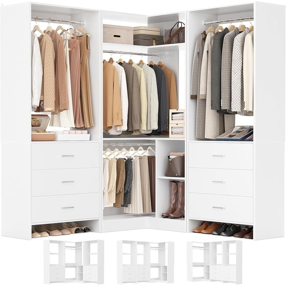 Homieasy Closet System with 6 Drawers, 4 Hanging Rods & Corner Tower, Corner Closet System with Hanging, 80.9" L-Shaped Walk-In Wardrobe Organizer, 2000+ lbs Capacity, Set of 3, White