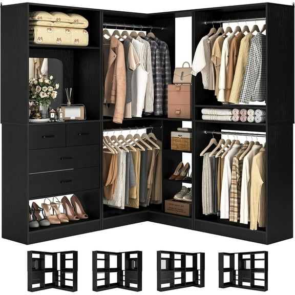 Homieasy Closet System with Drawers & Hanging Area, 4.7-6.8 ft L-Shaped Modular Heavy Duty Closet Organizer System for Walk-in Closet, Bedroom, Black