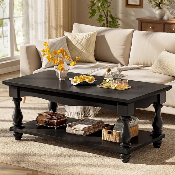Homieasy Coffee Table, 2-Tier Farmhouse Coffee Table with Storage for Living Room, Black