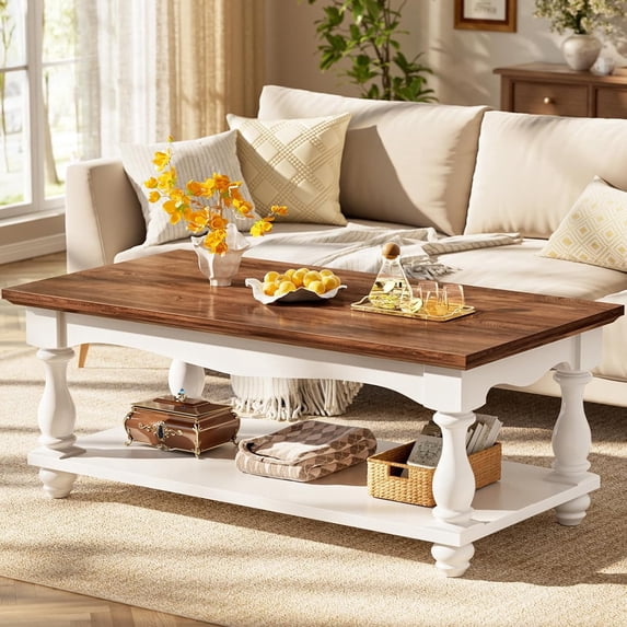 Homieasy Coffee Table, 2-Tier Farmhouse Coffee Table with Storage for Living Room, Brown & White