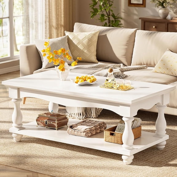 Homieasy Coffee Table, 2-Tier Farmhouse Coffee Table with Storage for Living Room, White
