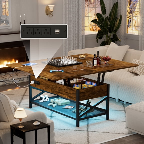 Homieasy Coffee Table Lift Top with LED Light and Power Outlet, Multi-Function Coffee Table Converts to Dining Table, Center Table with Shelves for Living Room Reception Home Office, Rustic Brown
