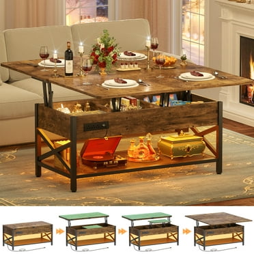 Homieasy Coffee Table Lift Top with LED Light and Power Outlet, Multi-Function Coffee Table Converts to Dining Table, Center Table with Shelves for Living Room Reception Home Office, Rustic Brown