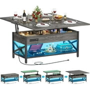 Homieasy Coffee Table Lift Top with LED Light and Power Outlet, Multi-Function Coffee Table Converts to Dining Table, Center Table with Shelves for Living Room Reception Home Office, Black Oak