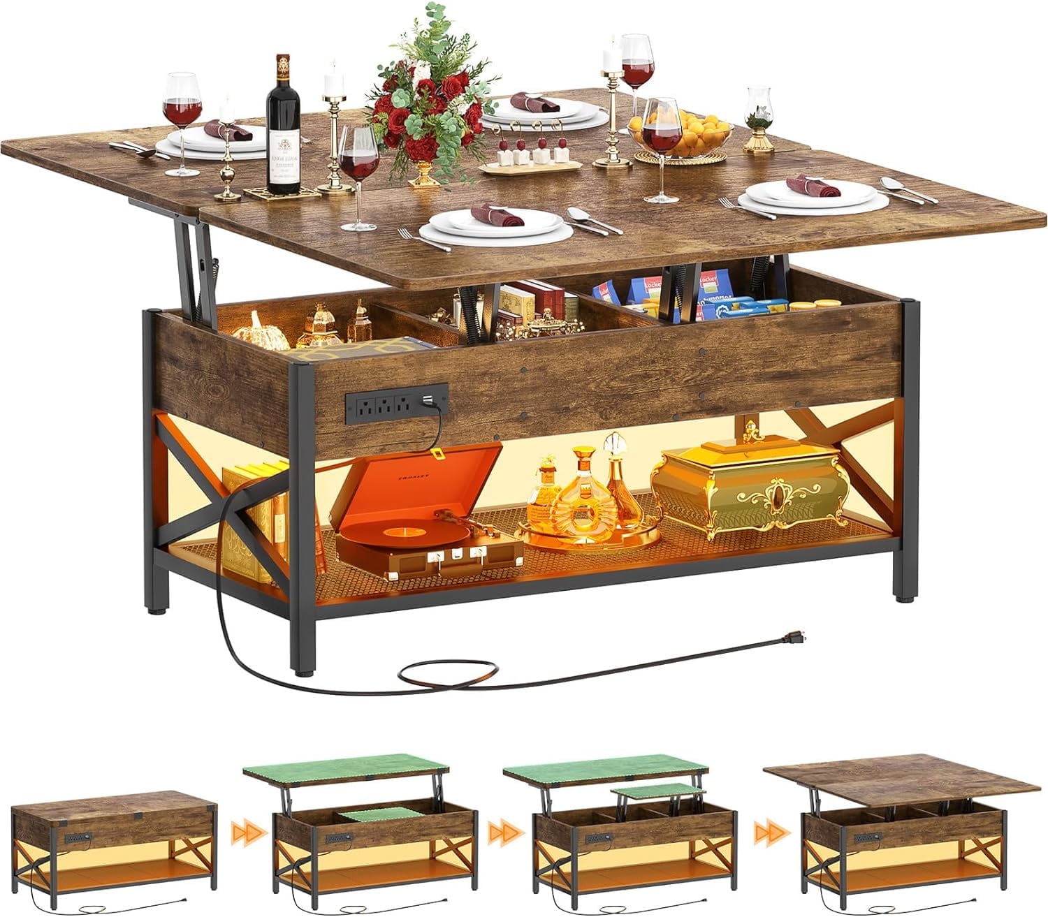 Homieasy Convertible Coffee Table with Storage, LED and Outlet, Converts to Dining Table, Rustic
